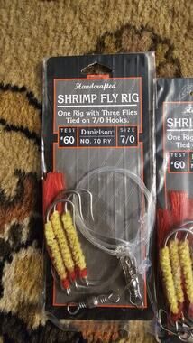 Lot of 5 Danielson Shrimp Fly Rigs #60 Test Size 7/0 Hooks No. 70 RY Red Yellow
